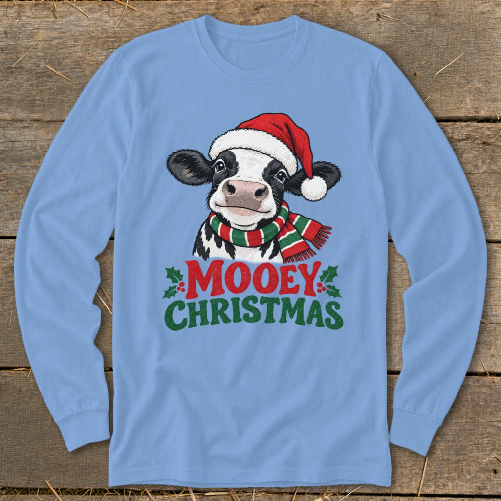 Cow wearing Santa hat and scarf with text "Mooey Christmas".