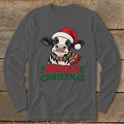 Cow wearing Santa hat and scarf with "Mooey Christmas" text