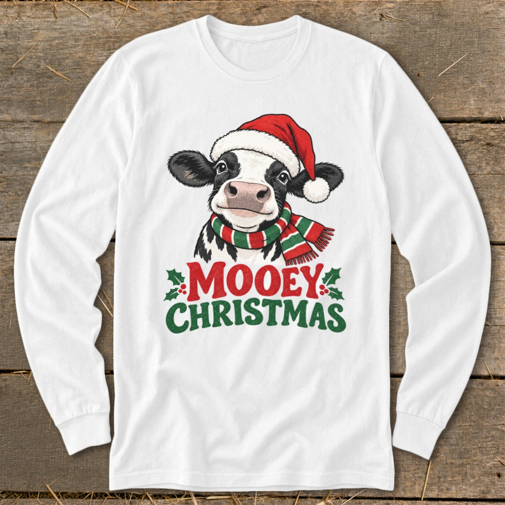 White long-sleeve shirt with a cartoon cow wearing a Santa hat and scarf, text "MOOEY CHRISTMAS".