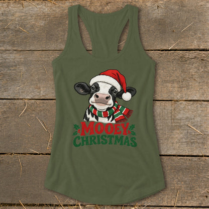 Tank top with a cow wearing a Santa hat and scarf, with text "MOOEY CHRISTMAS".