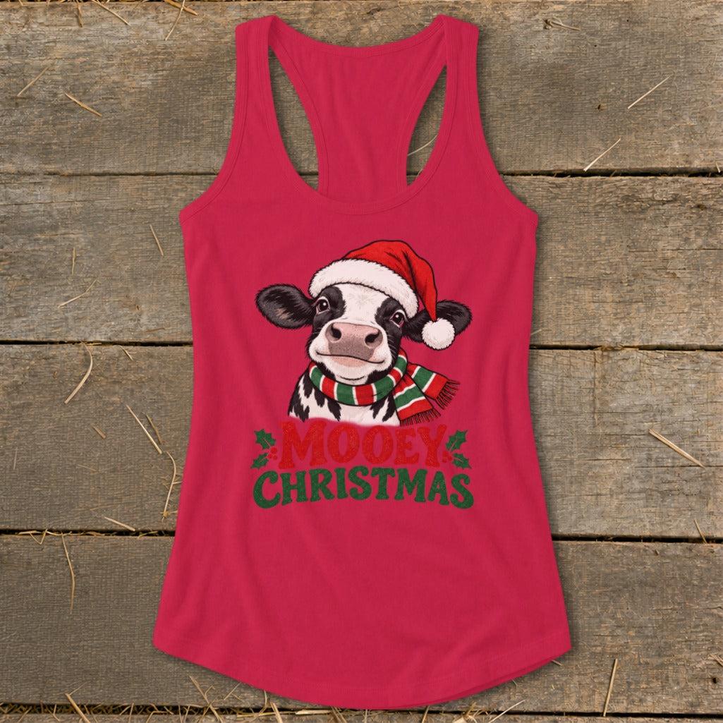 Red tank top with a cow wearing a Santa hat and scarf, saying "Mooey Christmas".