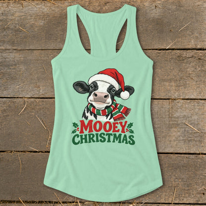 Mint green tank top with a cow wearing a Santa hat and scarf, text reads "Mooey Christmas".