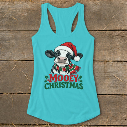 Turquoise tank top with a cow wearing a Santa hat and scarf, reading "Mooey Christmas."