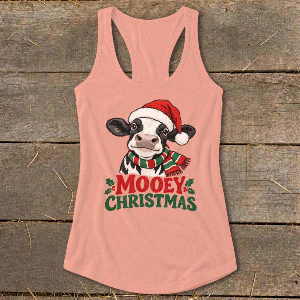 Peach tank top with a cow wearing a Santa hat and scarf, text says "Mooey Christmas".