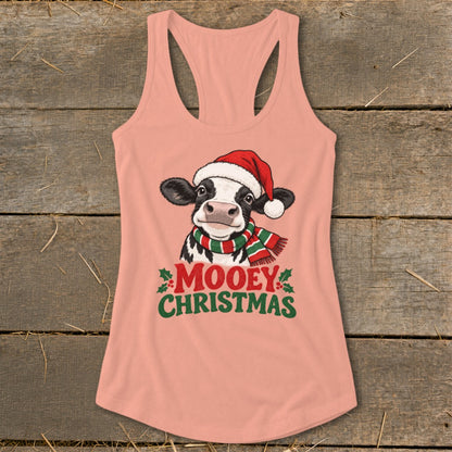Peach tank top with a cow wearing a Santa hat and scarf, text says "Mooey Christmas".