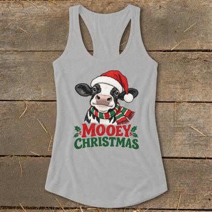 Cow wearing Santa hat and scarf with "Mooey Christmas" text.