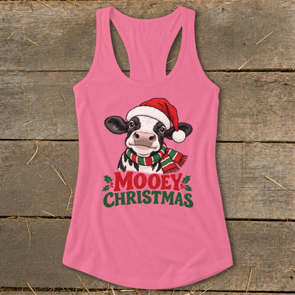 Pink tank top with a cow wearing a Santa hat and scarf, saying "Mooey Christmas."