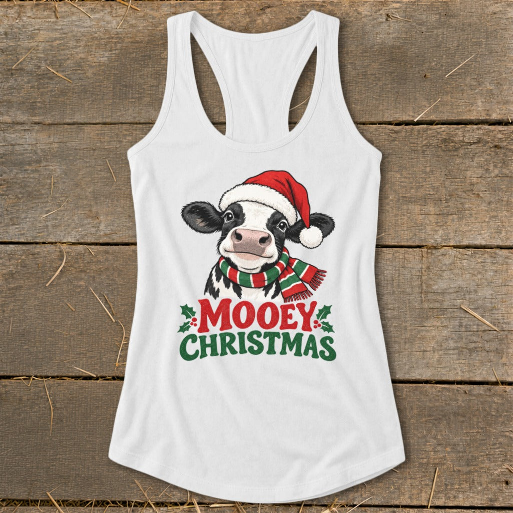 White tank top with cow wearing Santa hat and scarf, "Mooey Christmas" text.