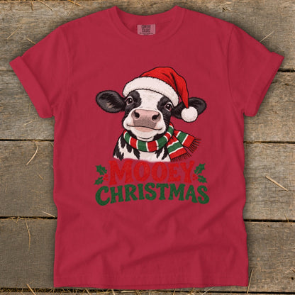 Christmas t-shirt with a cow wearing a Santa hat and scarf, saying "Mooey Christmas."