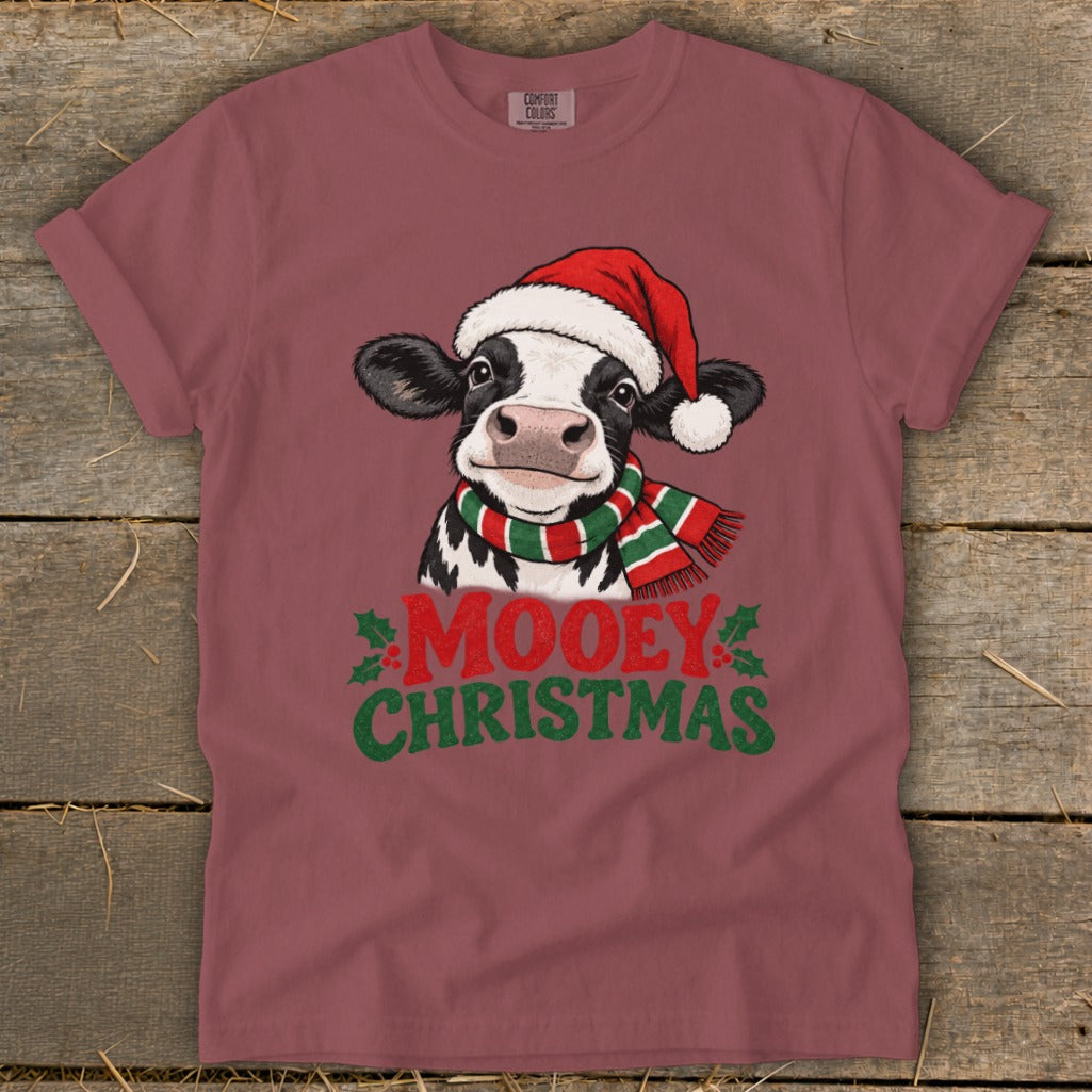 Burgundy t-shirt with a cow wearing a Santa hat and scarf, with "Mooey Christmas" text.