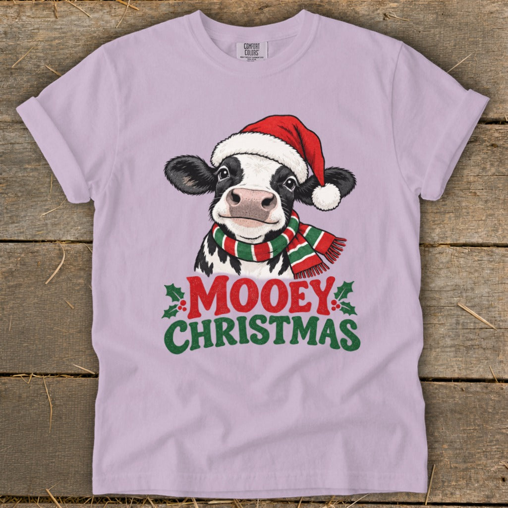 Cow wearing Santa hat and scarf with "Mooey Christmas" text.