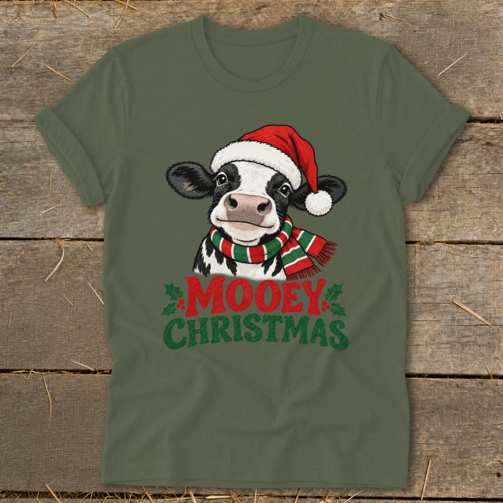 Cow wearing Santa hat and scarf with text "Mooey Christmas".