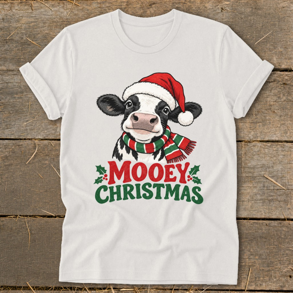 Cow wearing Santa hat and scarf with "Mooey Christmas" text.