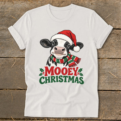Cow wearing Santa hat and scarf with "Mooey Christmas" text.