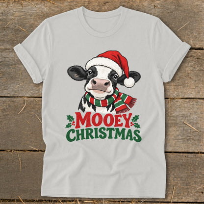 T-shirt with a cow wearing a Santa hat and scarf, with text "Mooey Christmas".
