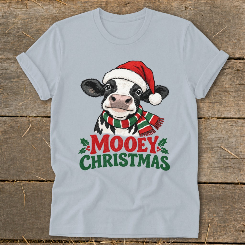 Cow wearing Santa hat and scarf with text "MOOEY CHRISTMAS".