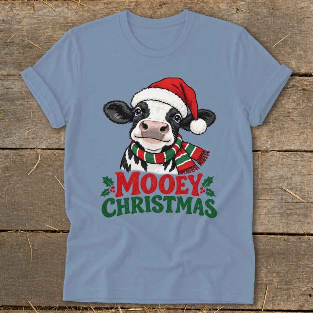 Cow wearing Santa hat and scarf with "Mooey Christmas" text.