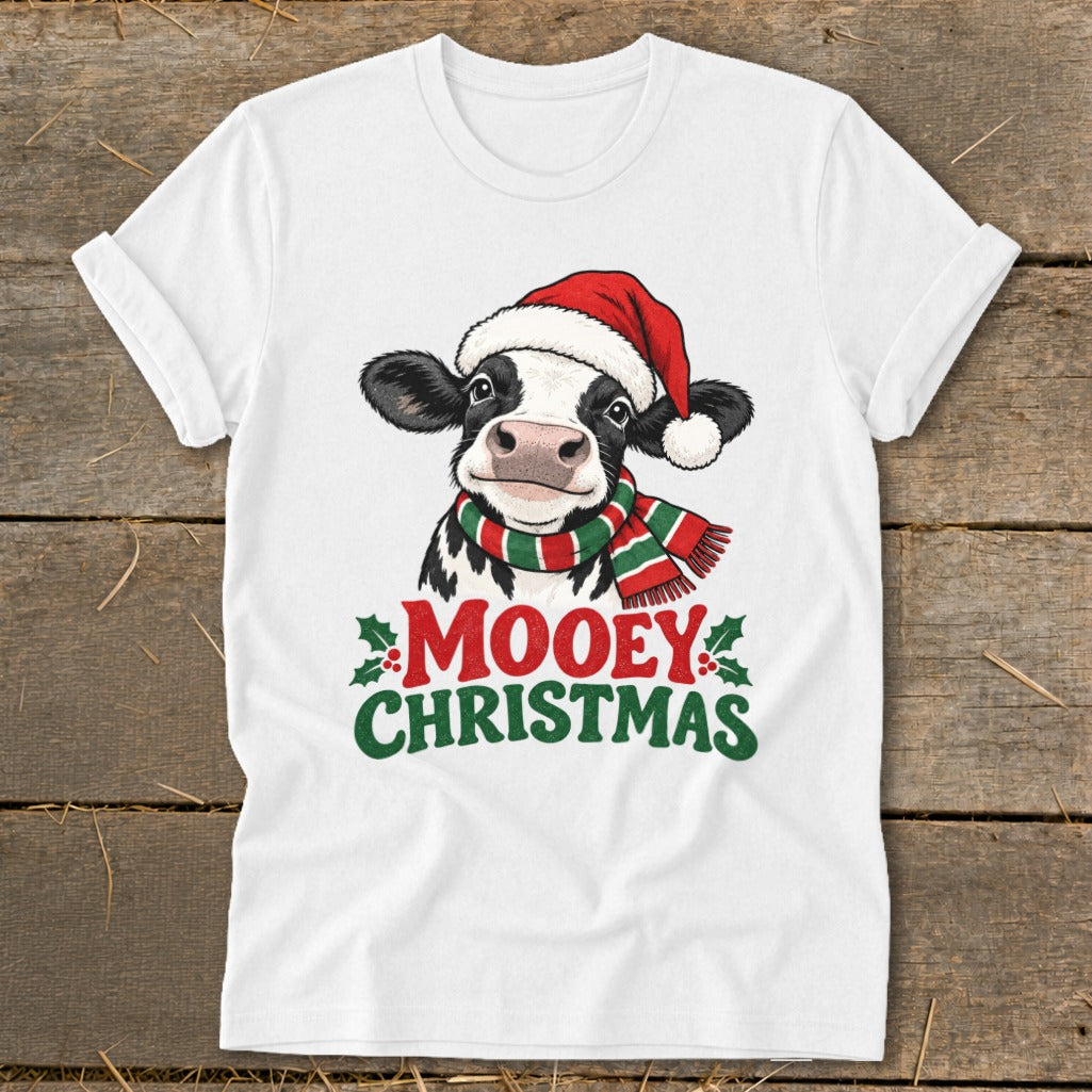 White t-shirt with a cow wearing a Santa hat and scarf, text "Mooey Christmas".