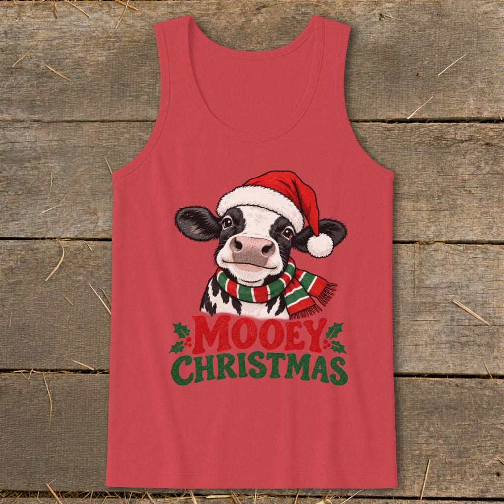 Red tank top with cow wearing Santa hat and scarf, text Mooey Christmas.
