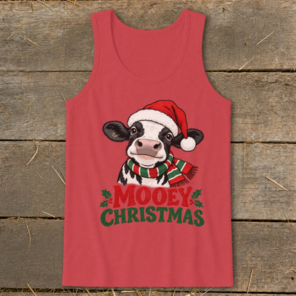 Red tank top with cow wearing Santa hat and scarf, text Mooey Christmas.