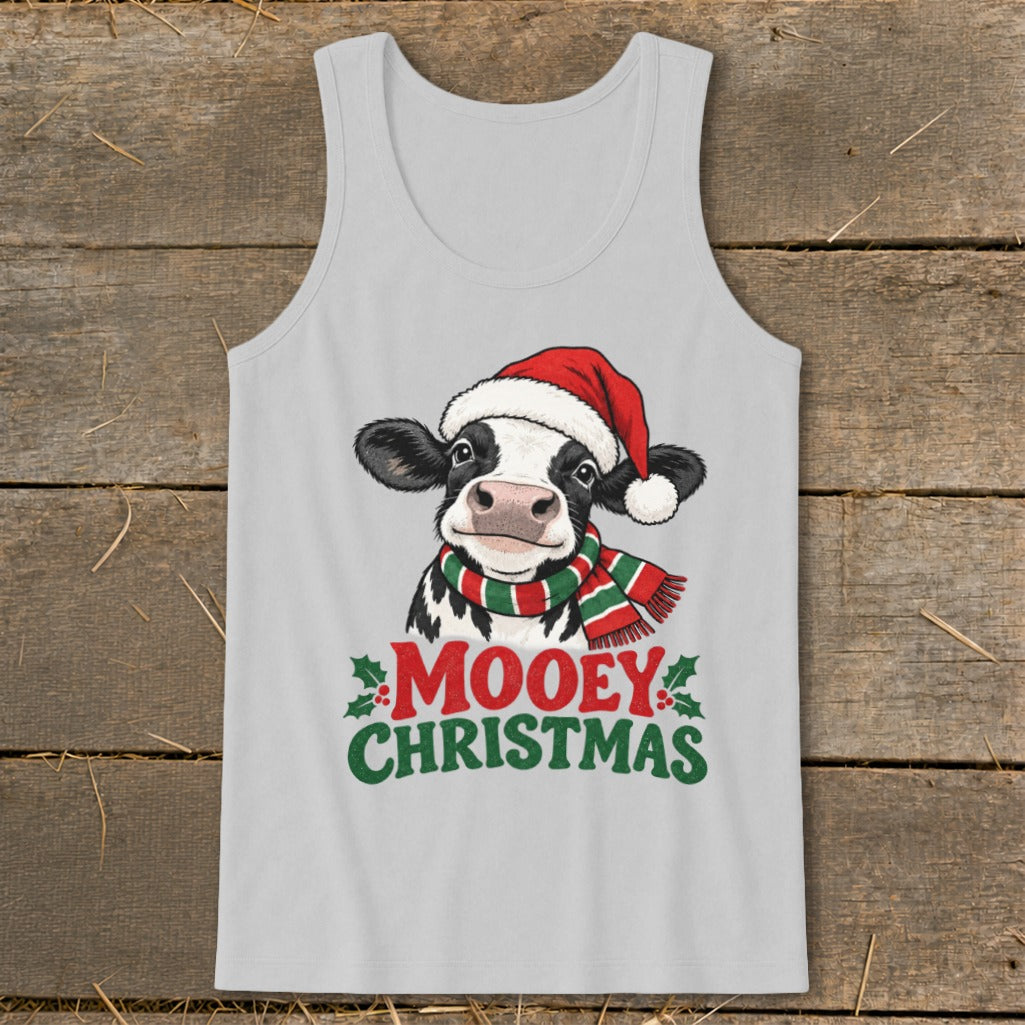 Cow wearing Santa hat and scarf, text "MOOEY CHRISTMAS".