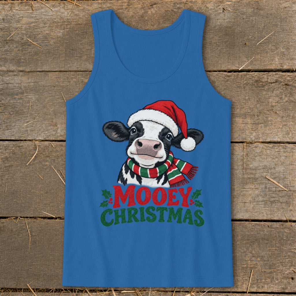 Blue tank top with a cow wearing a Santa hat and scarf, saying "Mooey Christmas".