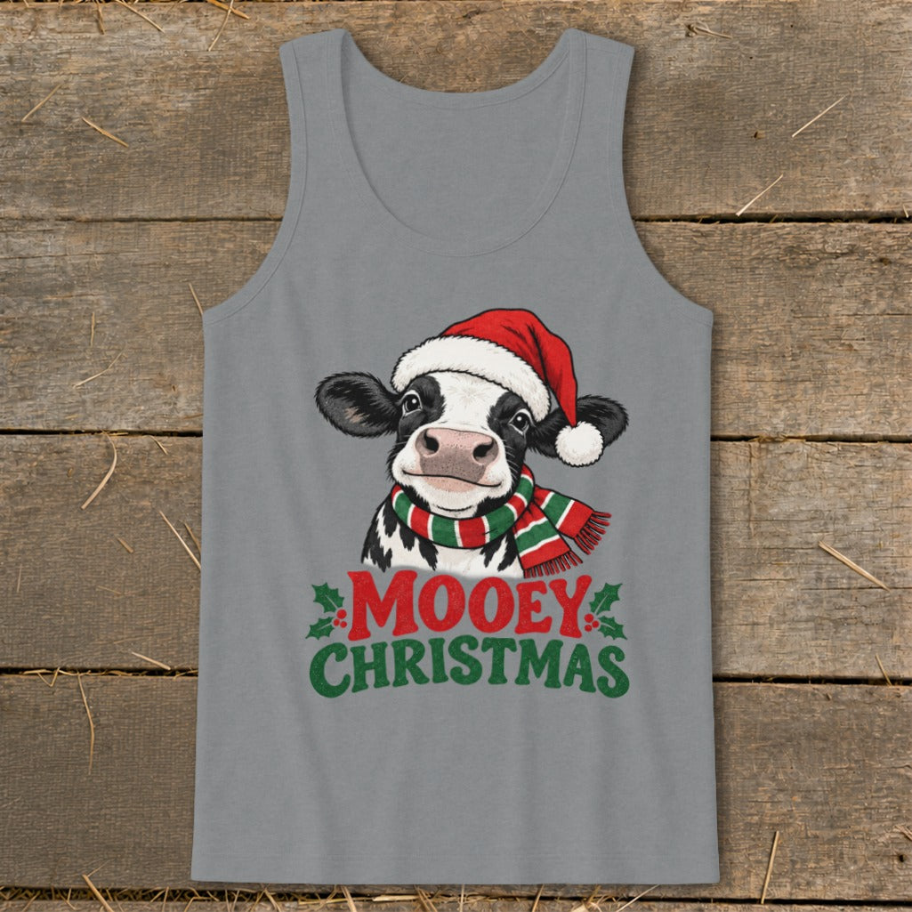 Cow wearing Santa hat and scarf with text "Mooey Christmas".