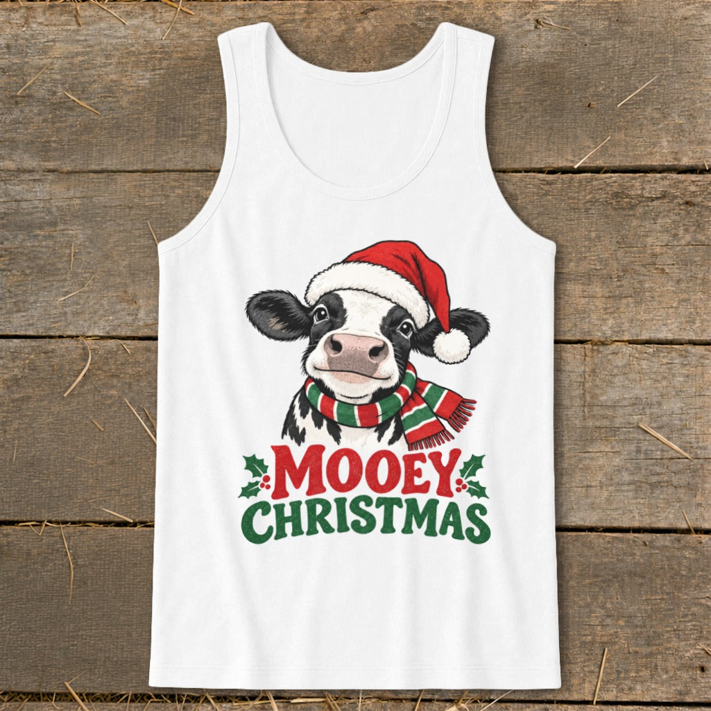 Cow wearing Santa hat and scarf, with text "Mooey Christmas".
