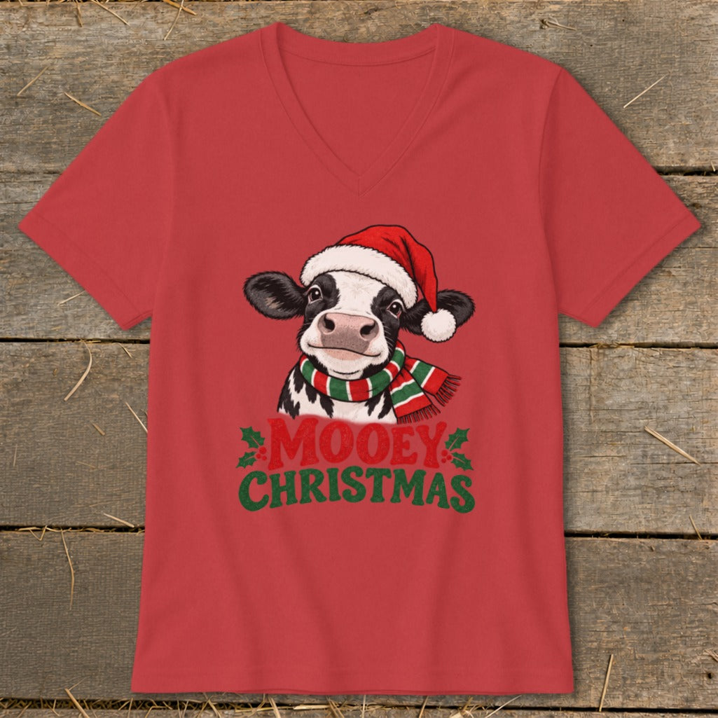Red t-shirt with a cow wearing a Santa hat and scarf, and the text "Mooey Christmas".