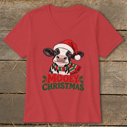Red t-shirt with a cow wearing a Santa hat and scarf, and the text "Mooey Christmas".