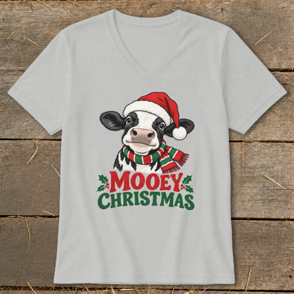 Light gray v-neck shirt with a cow wearing a Santa hat and scarf, text reads "MOOEY CHRISTMAS".