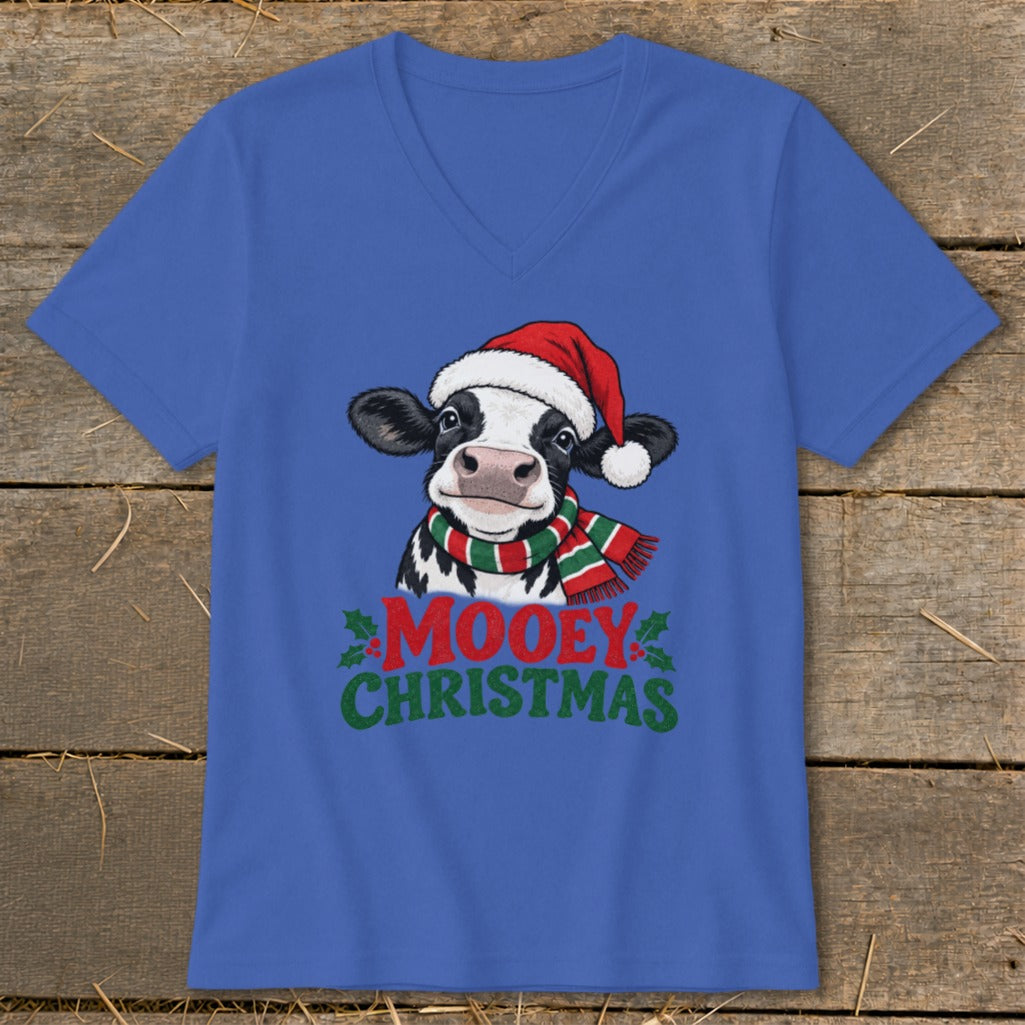 Blue t-shirt with a cartoon cow wearing a Santa hat and scarf, with "MOOEY CHRISTMAS" text.