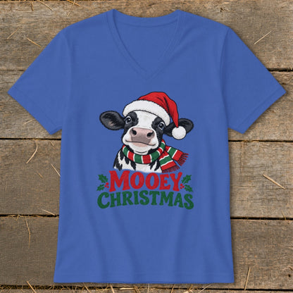 Blue t-shirt with a cartoon cow wearing a Santa hat and scarf, with "MOOEY CHRISTMAS" text.
