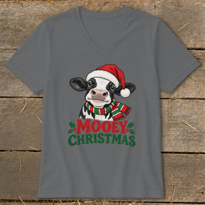 Cow wearing a Santa hat and scarf with "Mooey Christmas" text.