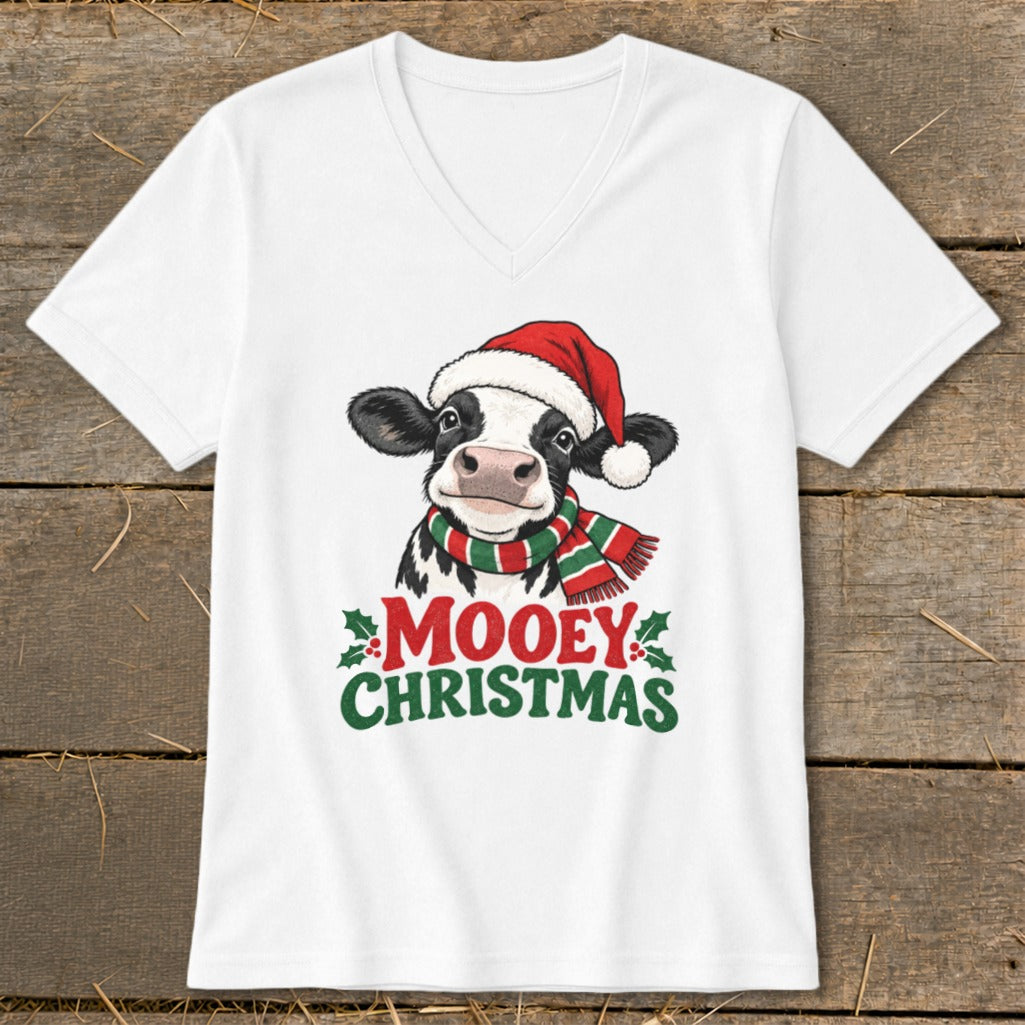 White t-shirt with a cow wearing a Santa hat and scarf, and text "Mooey Christmas".