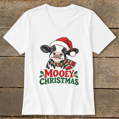 White t-shirt with a cow wearing a Santa hat and scarf, and text "Mooey Christmas".