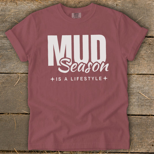 Burgundy t-shirt with white text "MUD Season is a Lifestyle" and Comfort Colors tag.
