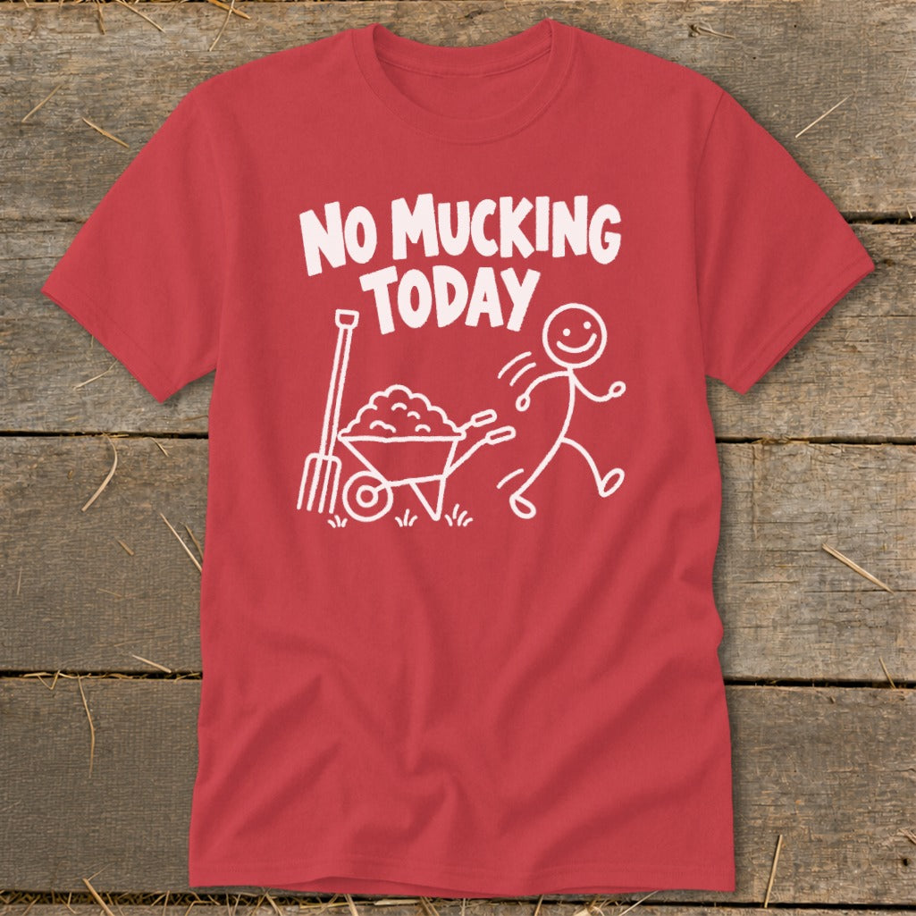 Red t-shirt with white graphic of a stick figure running from a wheelbarrow and pitchfork.