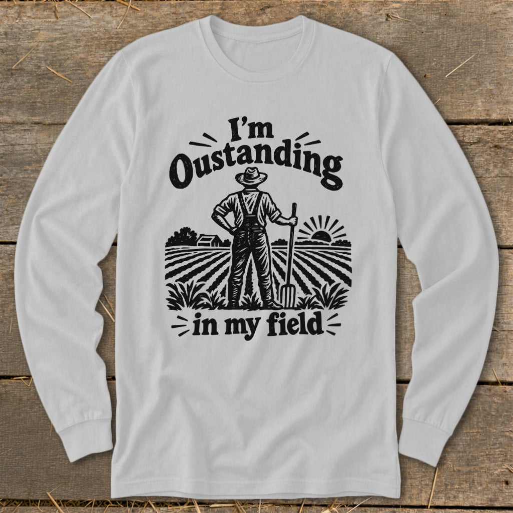 Graphic with farmer in a field and text "I'm Oustanding in my field".
