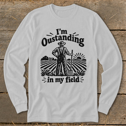 Graphic with farmer in a field and text "I'm Oustanding in my field".