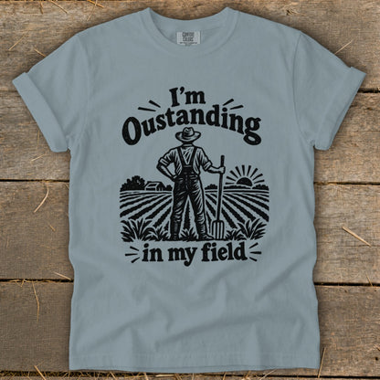 Farmer in a field illustration with text "I'm Outstanding in my field."