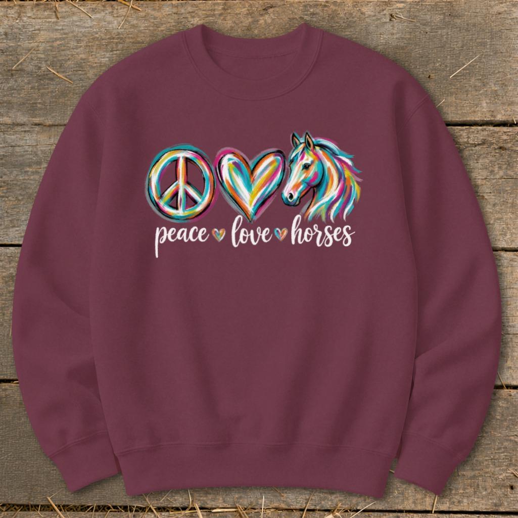 Peace Love Horses Sweatshirt - Maroon