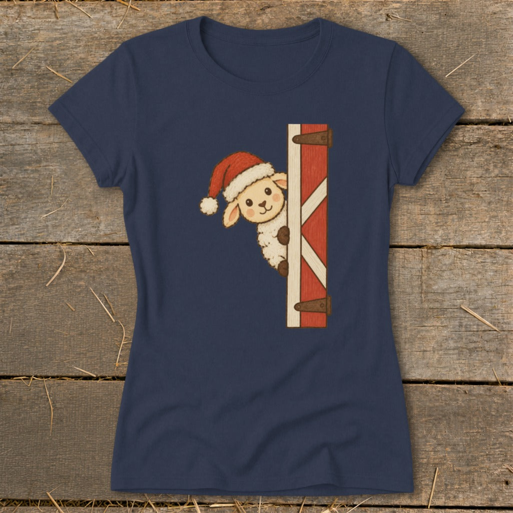 Peeking Santa Sheep Ladies Tee
