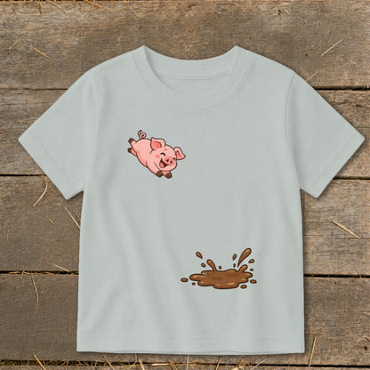 Light gray t-shirt with cartoon pig jumping near a mud puddle graphic.