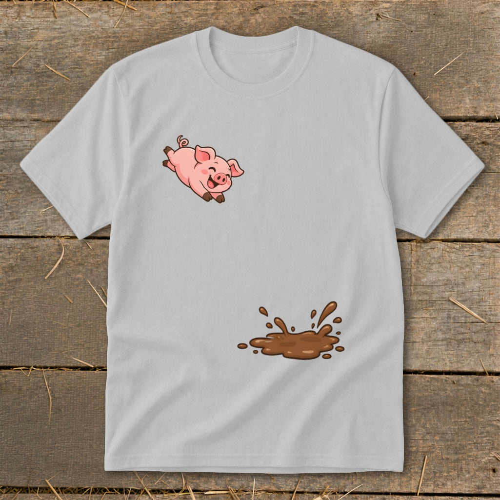 Light gray t-shirt with cartoon pig jumping into a mud puddle.