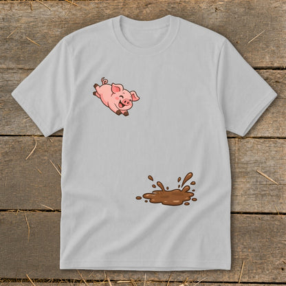 Light gray t-shirt with cartoon pig jumping into a mud puddle.