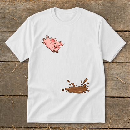 White t-shirt with a cartoon pig jumping above a muddy puddle graphic.