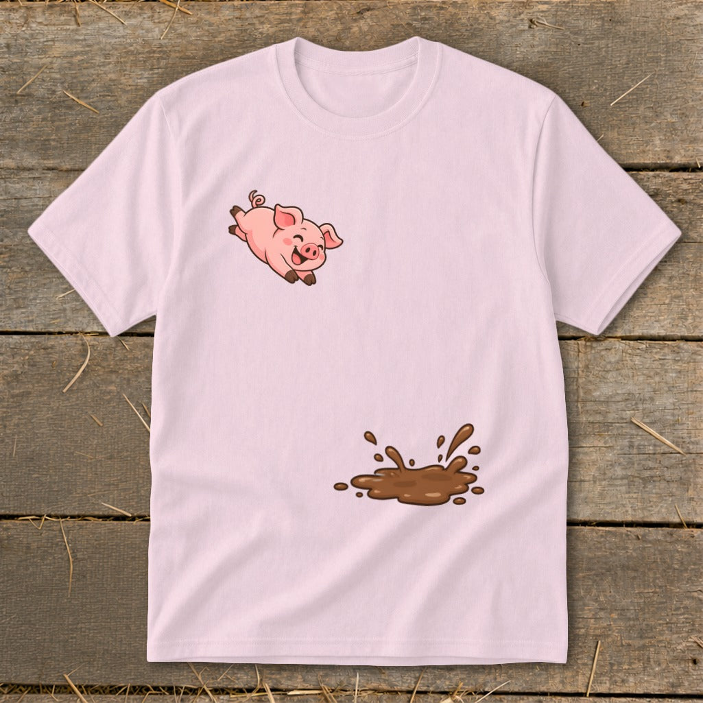 Pink t-shirt with a cartoon pig jumping into a mud puddle graphic.