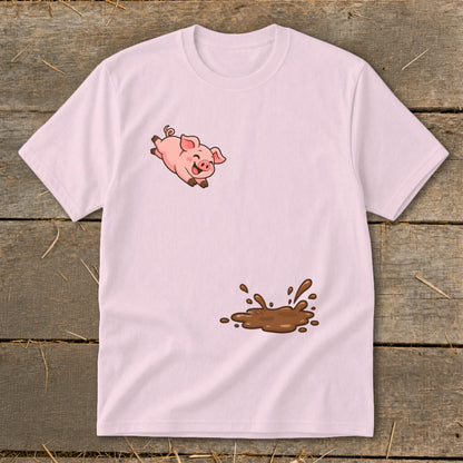 Pink t-shirt with a cartoon pig jumping into a mud puddle graphic.