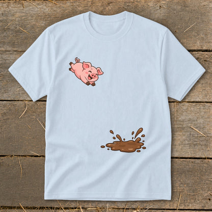Light blue t-shirt with a cartoon pig jumping into a puddle of mud.